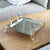 PLATEAU CARRE EN INOX ARGENTE AVEC ANSES DOREES